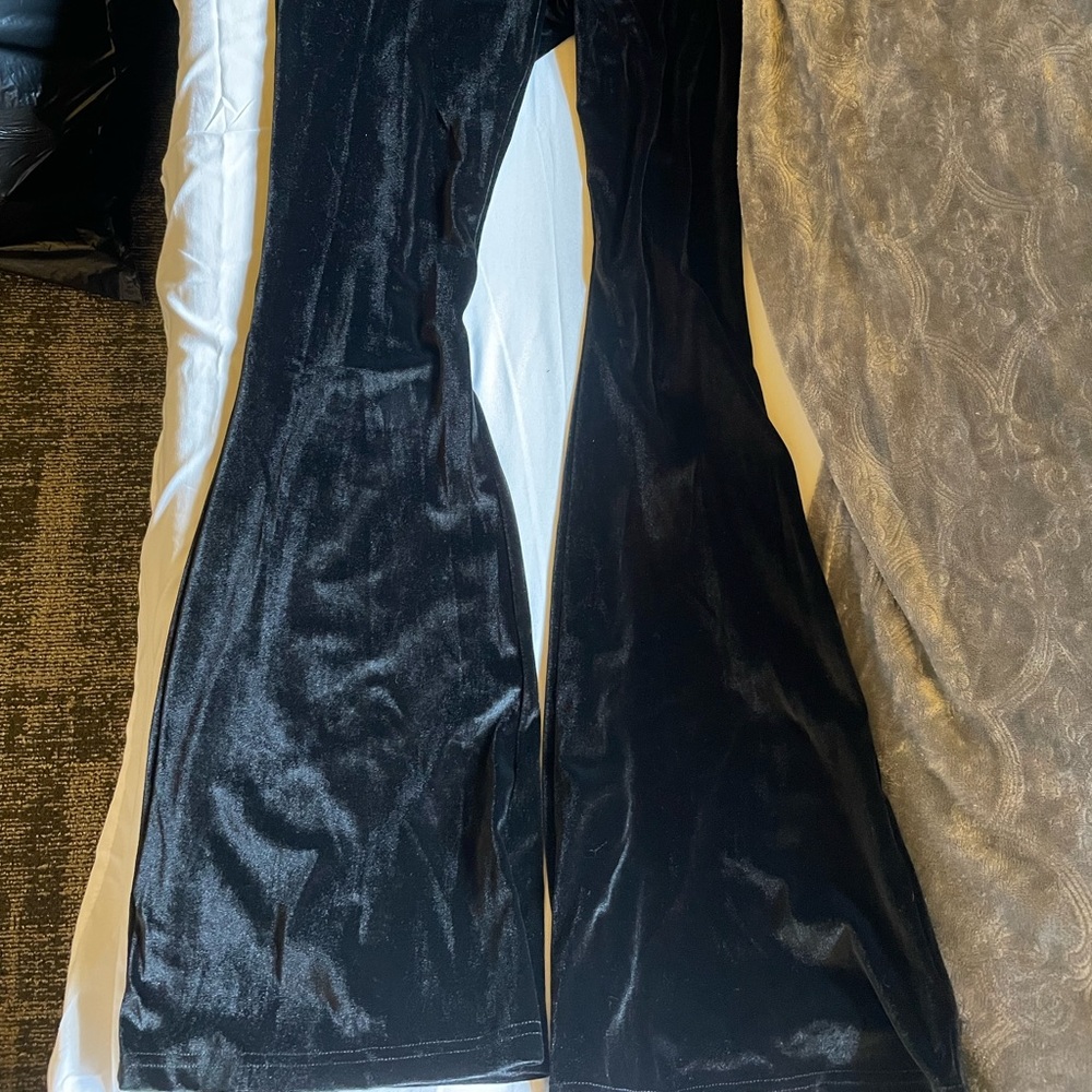 black velvet bell bottoms, with a cross waist ! super comfy and matches so much